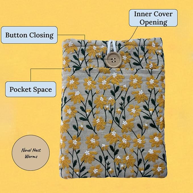 Embroidered Yellow Daisy Book Sleeve. Book Cover/Protector