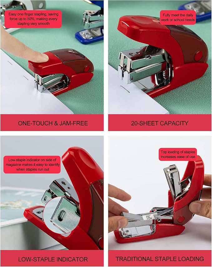PAPERPAL Effortless Mini Stapler Set, 20 Sheet Capacity, Integrated Remover & Staple Storage, Holds 1/4" Staples, Includes 1000 Staples, Lightweight, Office, School & Daily Use, Red