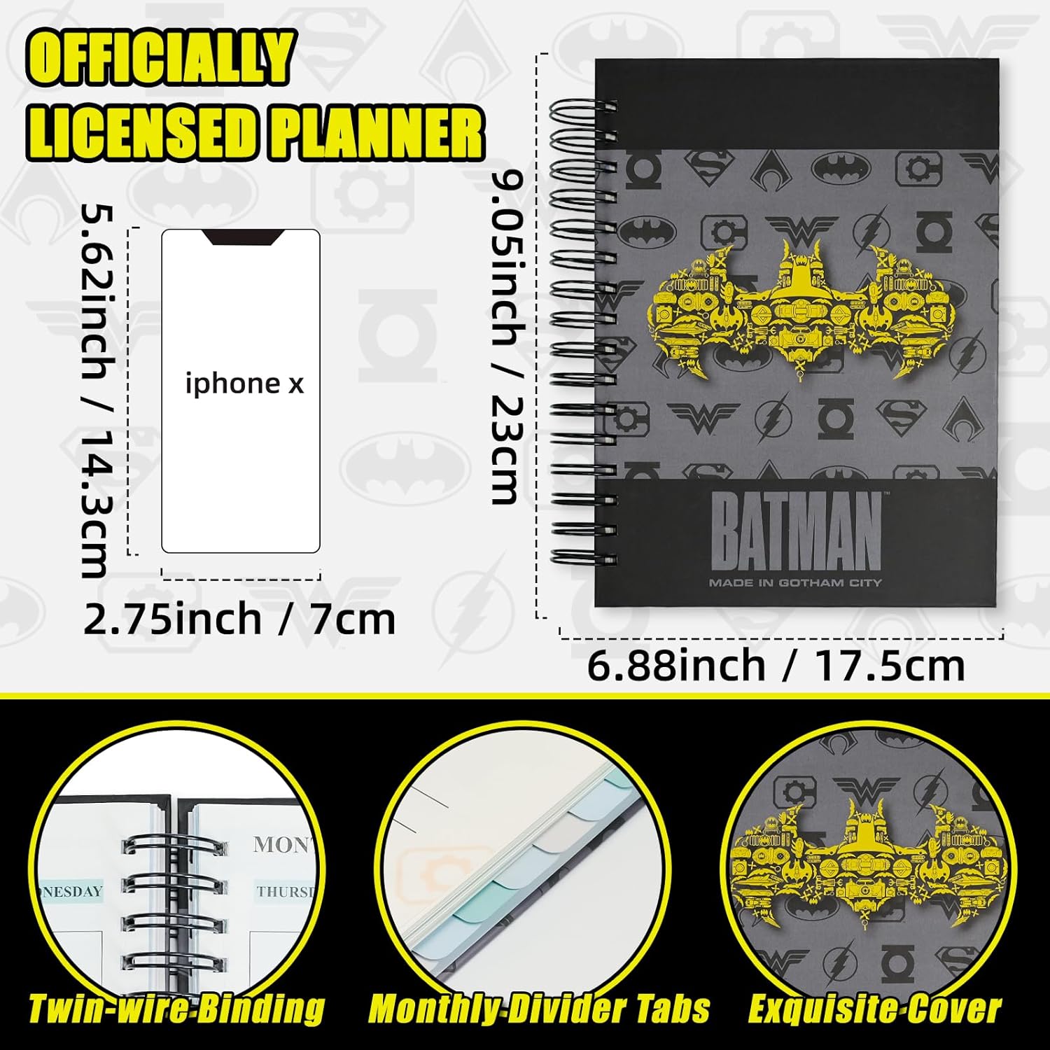 Hero Theme Academic Planner Notebook, Weekly Monthly Daily Agenda, Custom Date Organizer for Time Management, Spiral Bound Planner with Colorful Tabs,Datebooks for Student, Workers (Black and Grey)