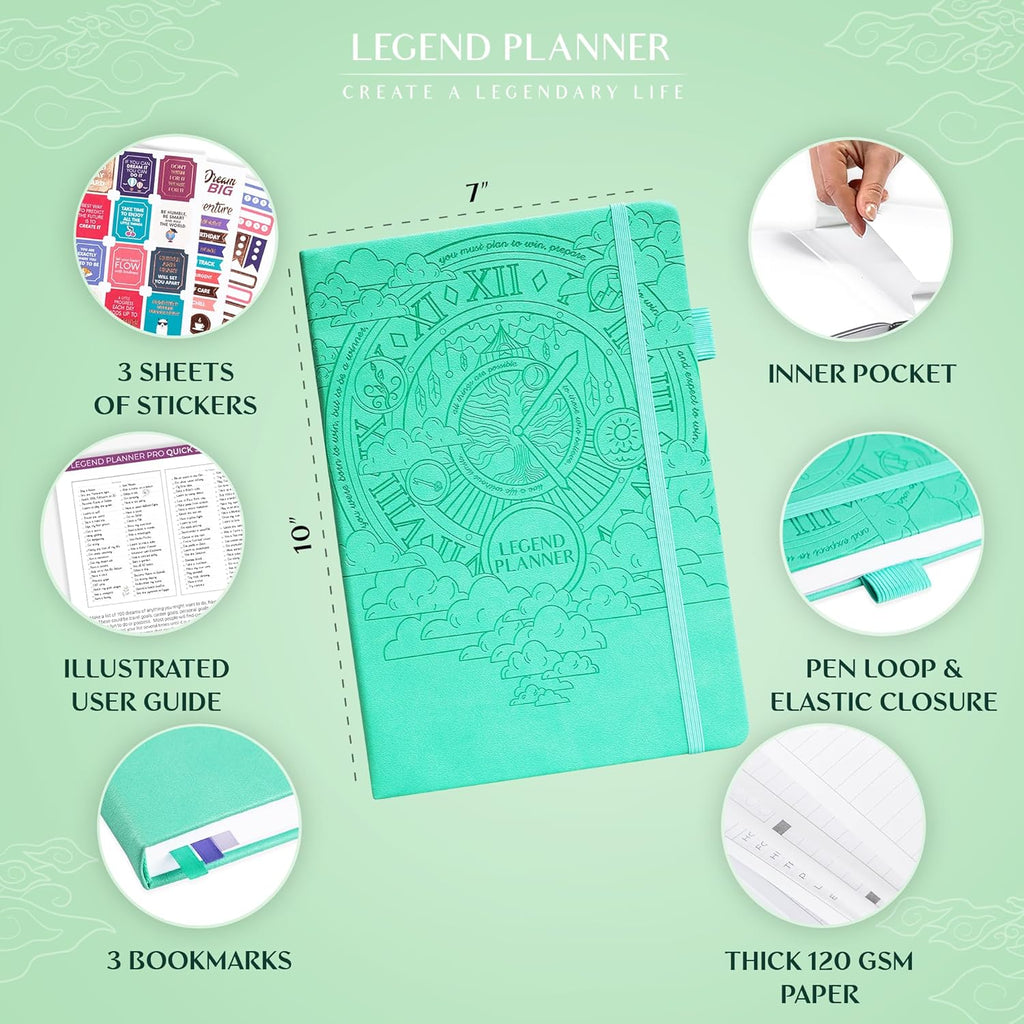 Legend Planner PRO – Deluxe Weekly & Monthly Life Planner to Increase Productivity and Hit Your Goals. Time Management Organizer Notebook – Undated – 7 x 10" Hardcover + Stickers – Mint Green