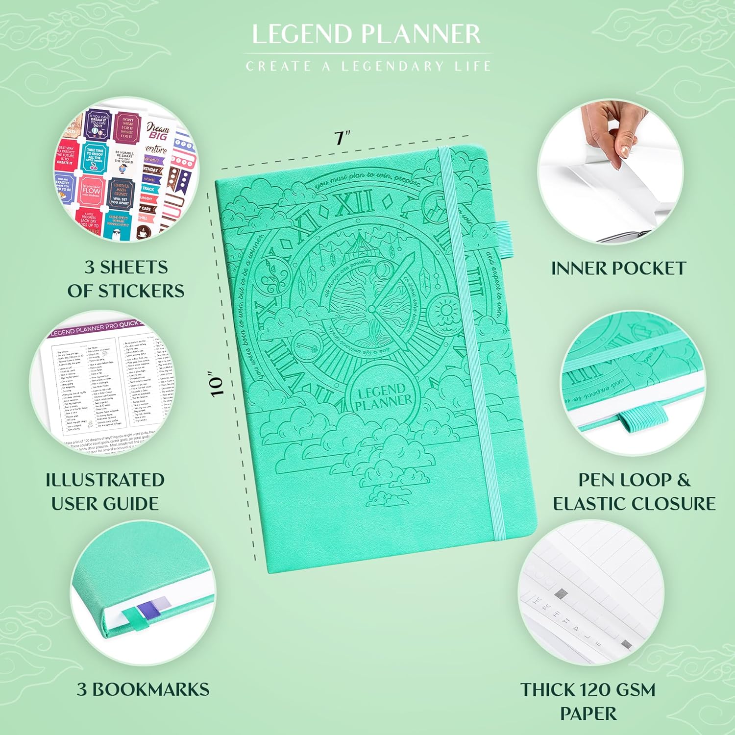 Legend Planner PRO – Deluxe Weekly & Monthly Life Planner to Increase Productivity and Hit Your Goals. Time Management Organizer Notebook – Undated – 7 x 10" Hardcover + Stickers – Mint Green