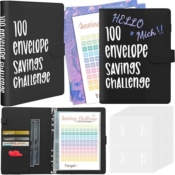 100 Envelopes Challenge Binder, A5 Money Saving Budget Binder with Cash Envelopes, Savings Challenges Book (Black)