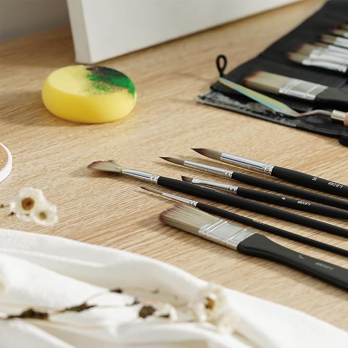 ARTIFY 24 Pieces Paint Brush Set, Expert Series, Enhanced Synthetic Brush Set with Cloth Roll and Palette Knife for Acrylic, Oil, Watercolor and Gouache (Black)