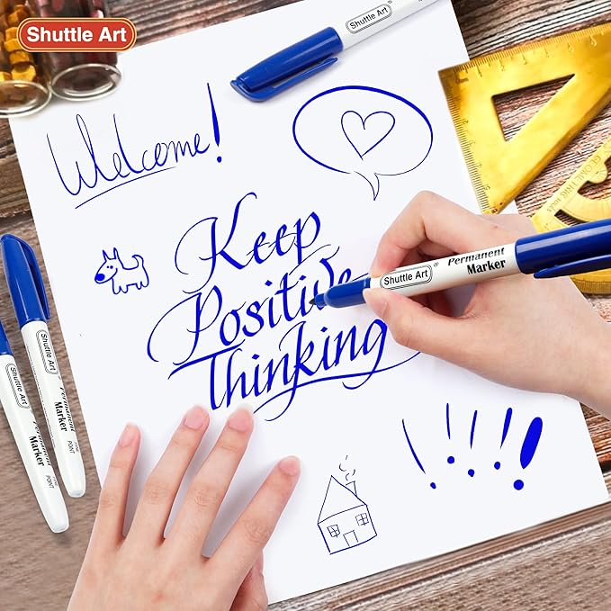 Shuttle Art Permanent Markers, 30 Pack Blue Permanent Marker set,Fine Point, Works on Plastic,Wood,Stone,Metal and Glass for Doodling, Marking…