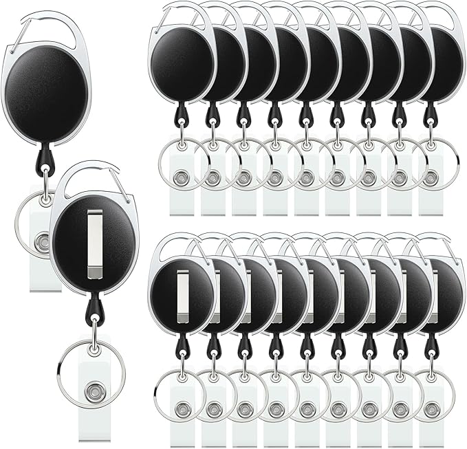 Uniclife 20 Pack Retractable Badge Reel for Badge Holder Heavy Duty Retractable Keychain Strong ABS Casing with Stainless Steel Spring Coil 24 Inch Nylon Rope Carabiner Clip and Key Ring