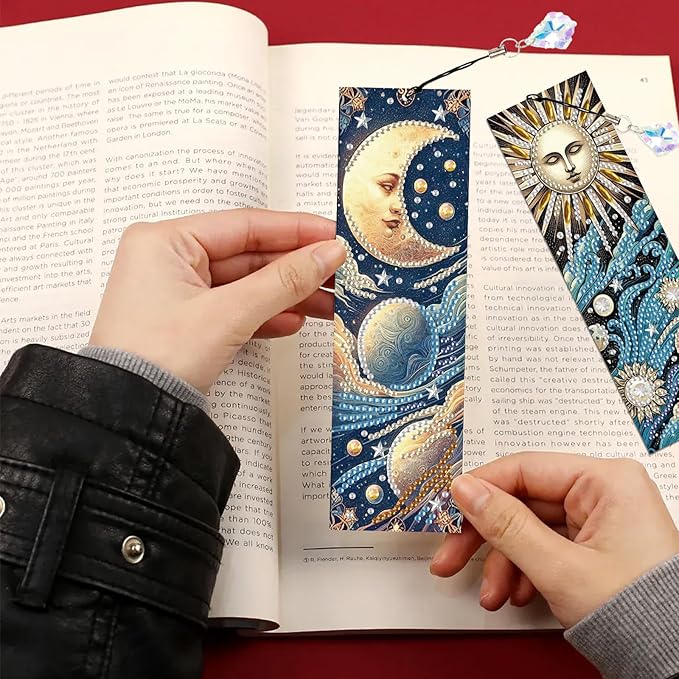 4-Piece Diamond Painting Bookmarks Set for Adults – Sun, Moon, and Waves Design DIY 5D Rhinestone Diamond Art Bookmark Kits with Tassels, Beautiful Diamond Art Bookmarks for Crafts Gifts