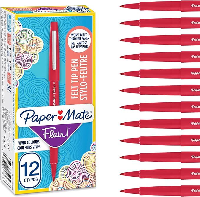 Paper Mate Flair Felt Tip Pens | Medium Point (0.7 mm) Marker Pens | Red Pens | for Writing, Marking, Drawing & Sketching | 12 Count