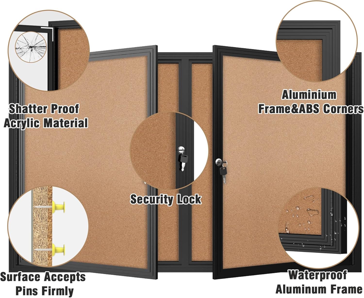 48"x30" Enclosed Bulletin Board, Outdoor Lockable Weather-Resistant Aluminum Cork Noticeboard for School & Office, Silver Frame w/Black Flet