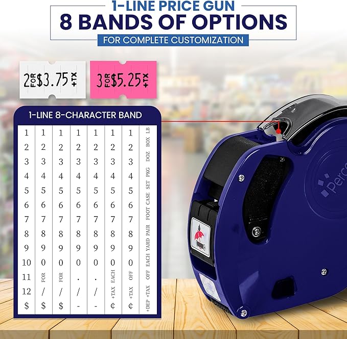 Perco Lite 1 Line Price Gun with Labels Kit - Includes 3 White Rolls, 3 Fluorescent Pink Rolls, 2 Ink Rollers, 1 Ink roll and Labels Pre-Loaded