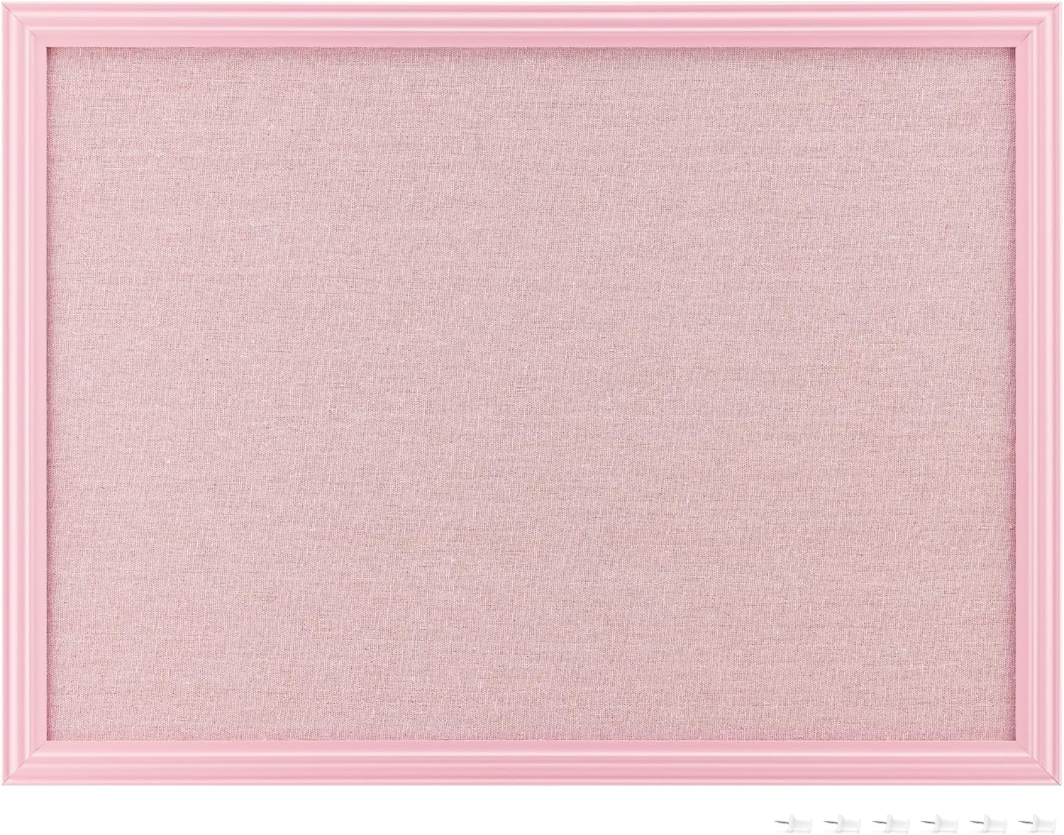 Navaris Framed Linen Bulletin Board - Approx. 58x43cm Fabric Jewelry Organizer Pinboard for Wall Memory Memo Pin Board - Pink Linen with Pink Frame