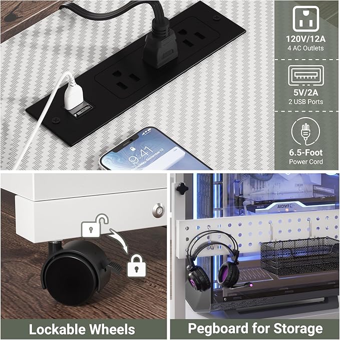 Computer Tower Stand with Power Strips, Height Adjustable PC Tower Stand/Cart with Wheels, Mobile Rolling CPU Holder, Computer Cart Side Stand for Computer Desk, 32", Carbon Fiber White