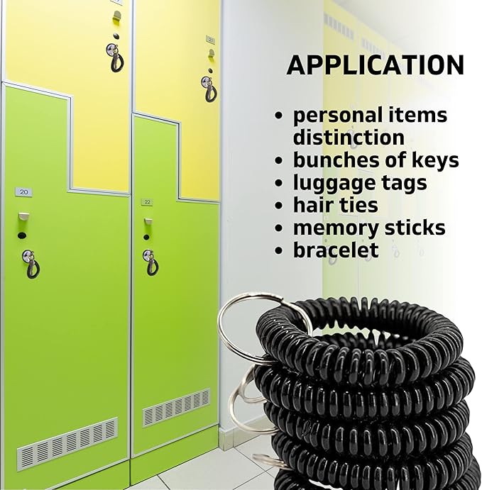 50PCS Keychain Wristlet Wrist Keychain Wristband Elastic Stretchable Spiral Bracelet Key Hook Key Holder for Gym Pool Spring Spiral Coil Black