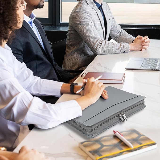 Calfinder Portfolio for Men, Zippered Vegan Leather Padfolio for Women, Business Portfolio Organizer Folder, Professional Padfolio with A4 Notepad Holder for Interview/Meeting, Office Gifts, Gray