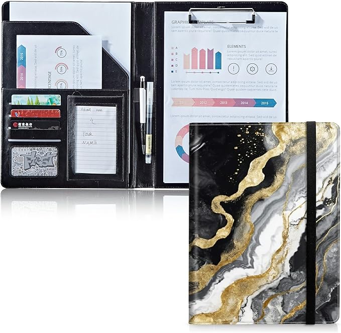 Padfolio Folder with Clipboard,Portfolios Organizer Clipboards with Storage Clipboard Writing Pad PU Leather Conference Document Organizer with Business Card Holder,Black Gold Marble