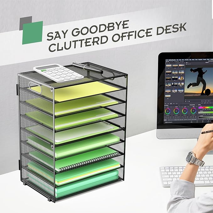 9-Tier Paper Organizer Letter Tray with Handle, Mesh File Organizer Paper Sorter Holder, Desk Organizer for Office Home School, Black