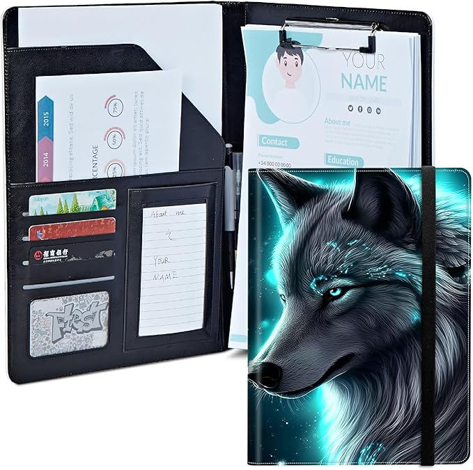 Wolf Padfolio Folder with Clipboard,Portfolios Organizer Clipboards with Storage Clipboard Writing Pad PU Leather Conference Document Organizer with Business Card Holder