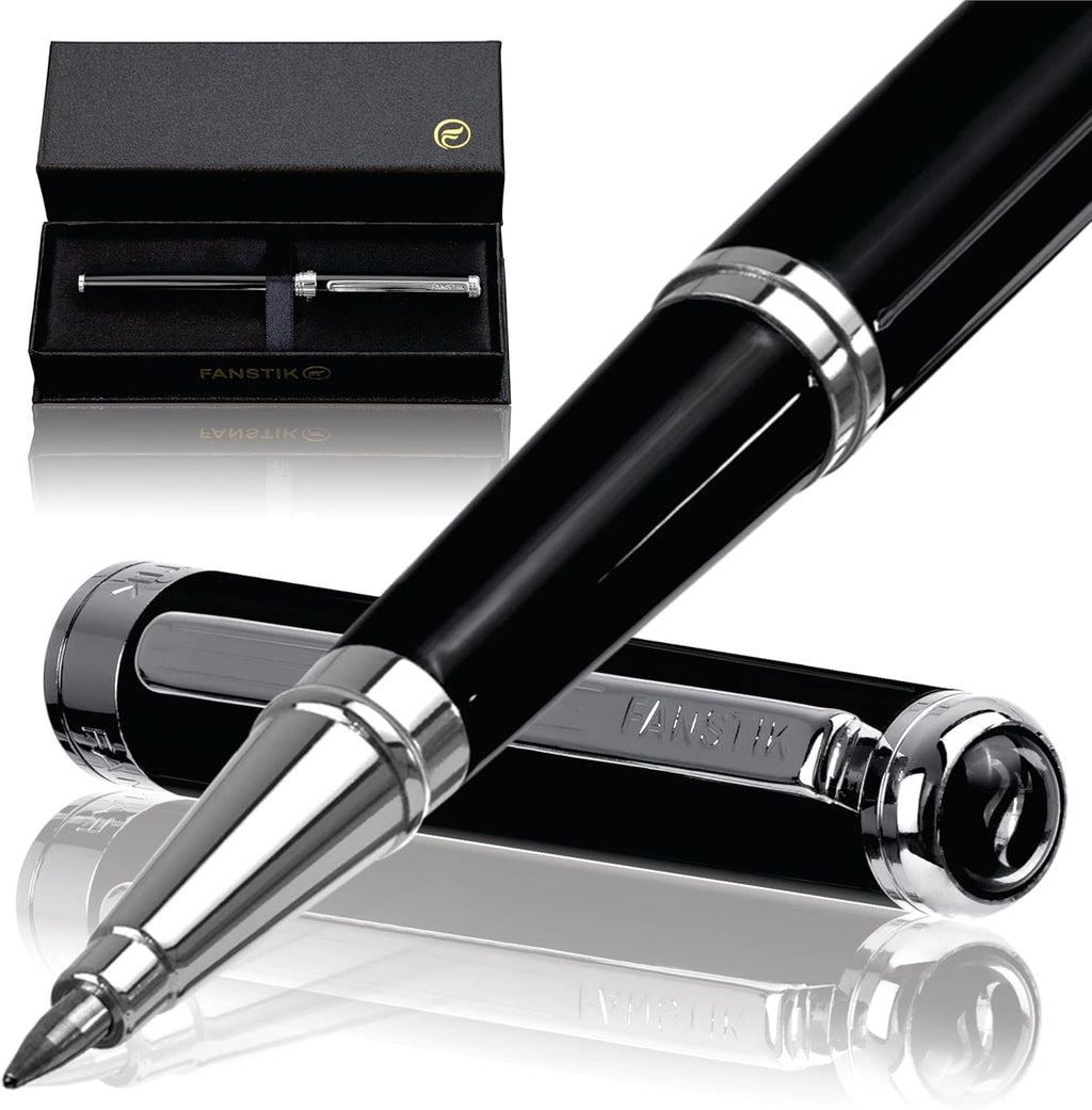 Customized Black & Silver Luxury Rollerball pen (Made In USA) fancy gift set for women, Real 24K Gold Plating, Professional executive pen gift set for men (Lux Custom-Rollerball Black-Silver)