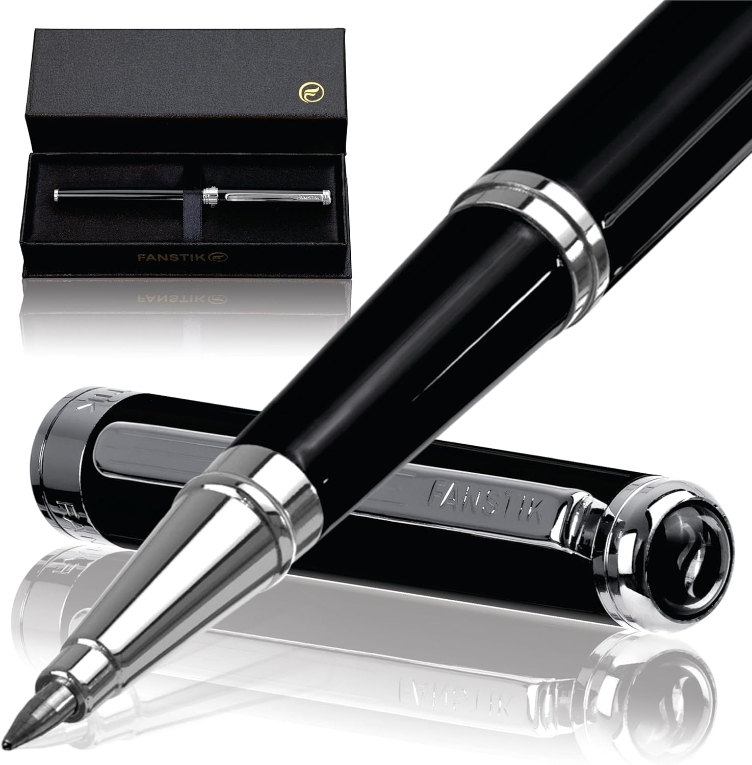 Customized Black & Silver Luxury Rollerball pen (Made In USA) fancy gift set for women, Real 24K Gold Plating, Professional executive pen gift set for men (Lux Custom-Rollerball Black-Silver)