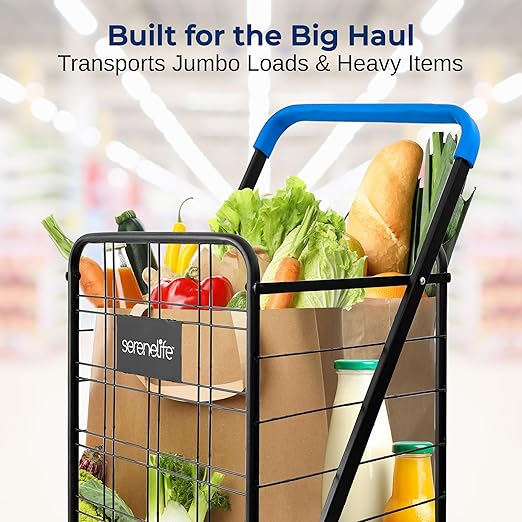 SereneLife Utility Shopping Supermarket Cart, 360 Rolling Swivel Front Wheels, Collapsible Utility Cart, Heavy Duty, Portable, 3.5" D x 19.5" W x 38" H, Large Capacity 110 lbs, Luggage, Laundry, Blue