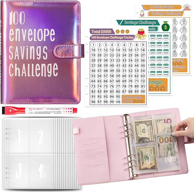 100 Envelopes Challenge Binder Savings Challenges Book, A5 Money Saving Planner Cash Envelope Budget Binder with Erasable Pen, Easy and Fun Way to Save $5,050, 10,000 and $500 (Dazzle Pink)