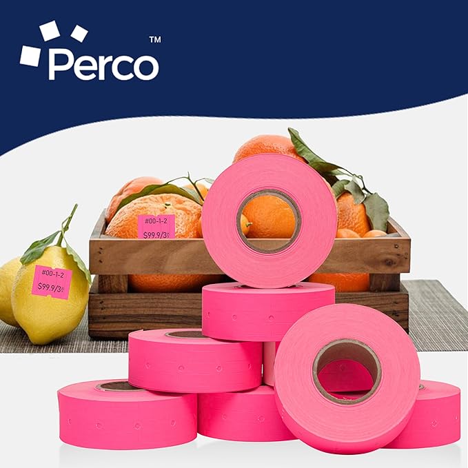Perco 2 Line Fluorescent Pink Labels - 32 Rolls, 4 Sleeves, 24,000 Blank Price and Date Gun Labels for Perco 2 Line Price and Date Guns - Made in USA