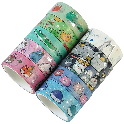YUBBAEX 20 Rolls Cute Animals Washi Tape Set Gold Silver Foil Masking Cartoon Pets Decorative Tapes