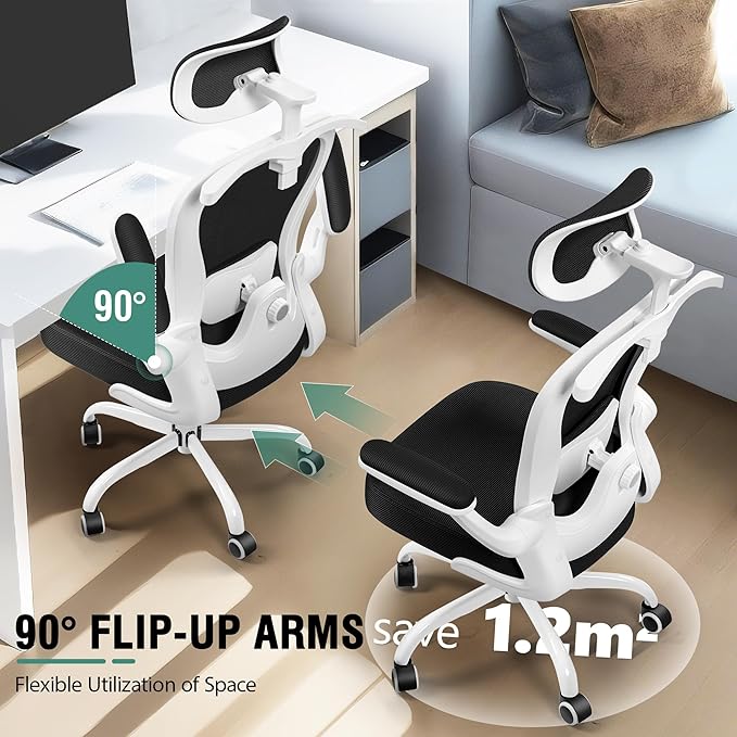 Office Chair, Ergonomic Office Chair with 3D Lumbar Support 3D Headrest, Comfy High Back Home Desk Chairs, Breathable Mesh Computer Chairs with Flip-Up Armrests & Hanger(White)