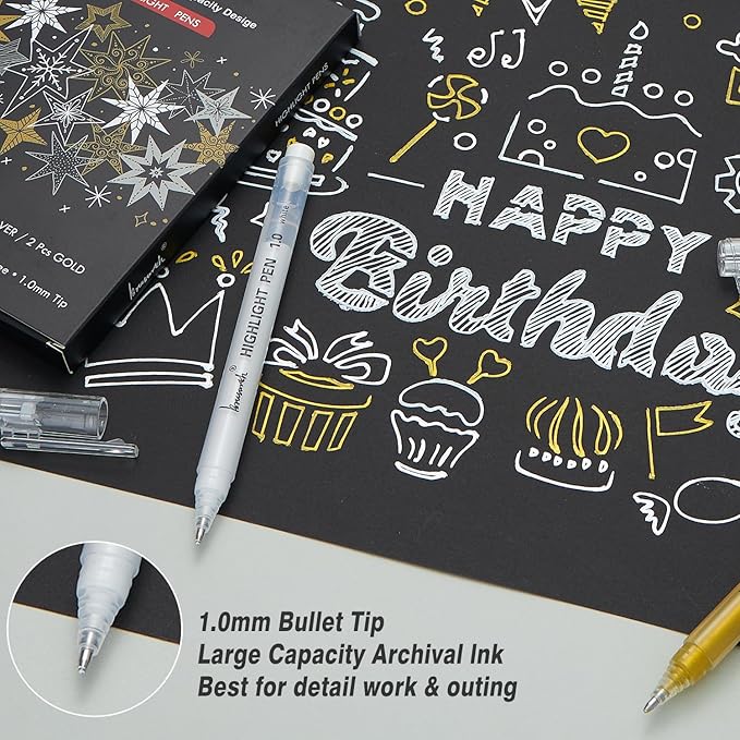 White Gold and Silver Gel Pen Set, 1mm Extra Fine Point Pens Gel Ink Pens Opaque Archival Ink Pens for Black Paper Drawing, Sketching,Card Making, Illustration, Bullet Journaling, 8 Pack