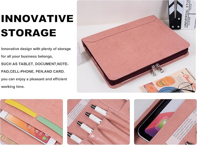 AZXCG Portfolio for Women, 3 Ring Binder Padfolio, Vegan Leather Office Binders Portfolio, Zippered Business Binder Folio Organizer, A4 Legal Pads Clipboard Padfolio, Gift for Women/Girls, Pink