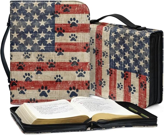 Lotusorchid American Flag Paw Bible Covers for Women Men PU Leather Bible Case Bible Bag Tote Book Carrying Case Christian Bible Accessories
