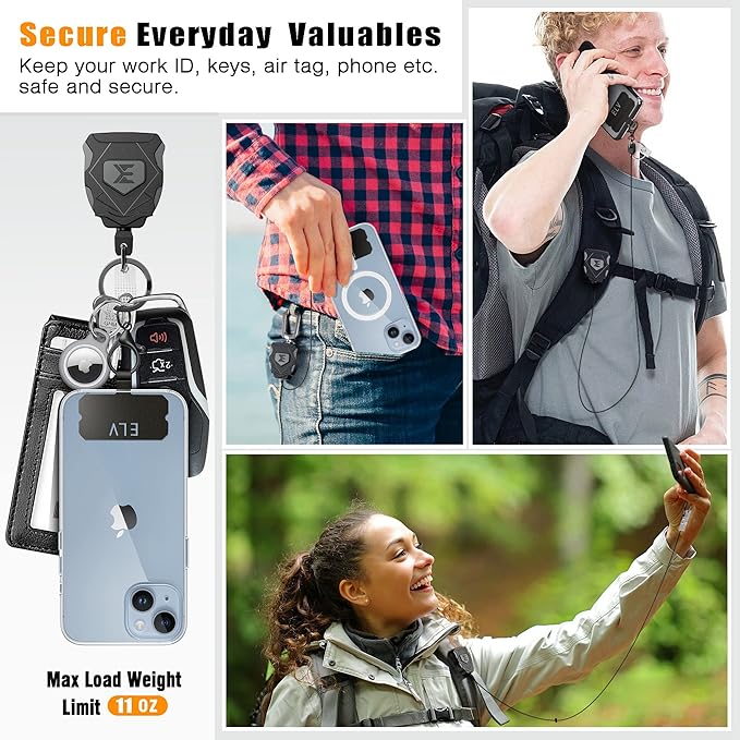 ELV Heavy Duty Retractable Keychain with Interval Locking, Belt Clip and Carabiner, ID Badge Key Reel, Retractable Badge Holder with 31” Dyneema Cord, Key Ring, Lobster Claw Clasp and Phone Tethers