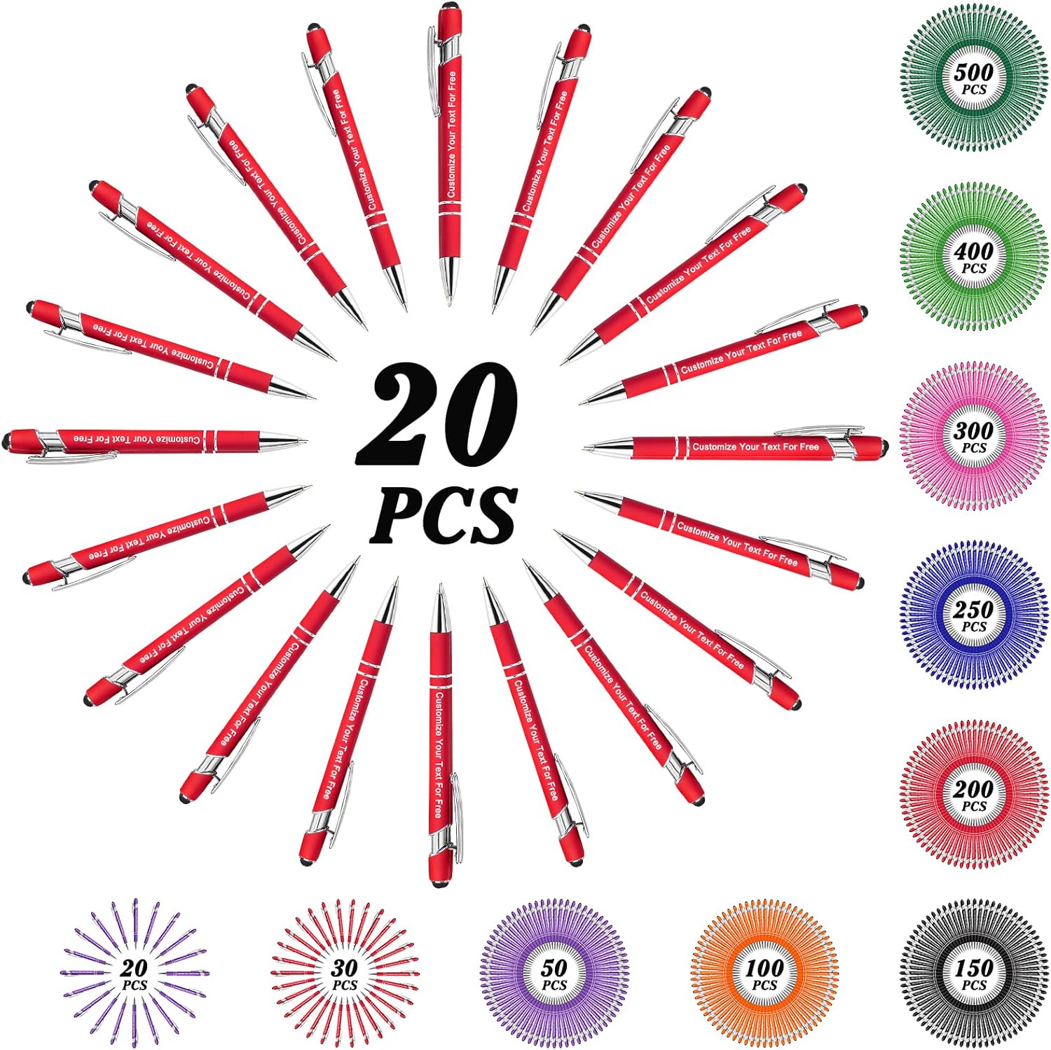 Max 500 Pcs Personalized Pens Bulk, Custom Pens with Free Engraving, Customized Stylus Tip Ballpoint Pen with Your Name Massage Text for School Office Business Graduation Anniversaries-20 Packs