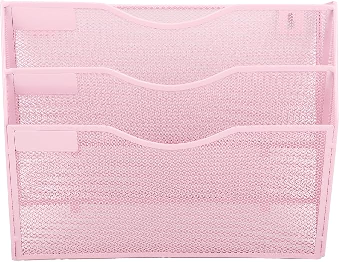 EASEPRES 3 Pocket Mesh Hanging Wall File Organizer, Wall Mounted Mail Paper Document Folder Holder, Clipboard Storage Organization Magazine Rack with Nametag Label for Office Home School, Pink