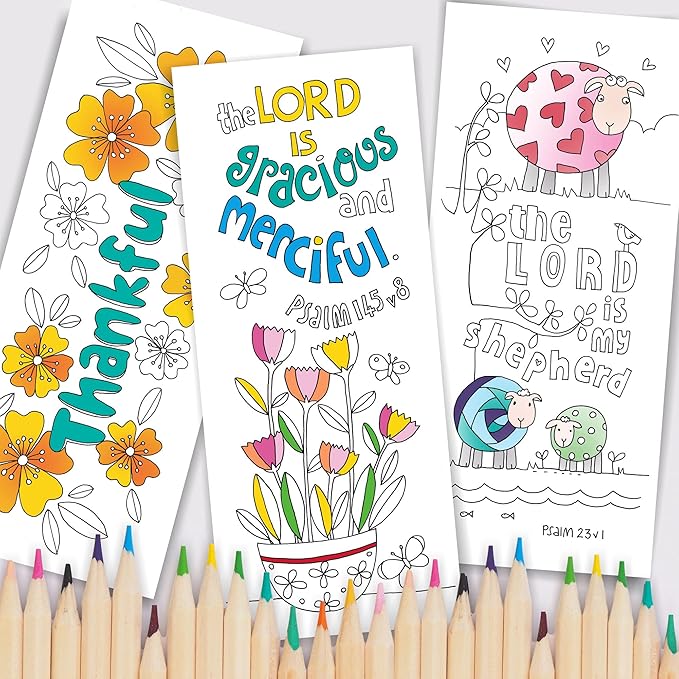 Christian Colouring Bookmarks, Psalms, Pack of 10 Different Designs, with Coloured Bible Verse on Reverse. Makes a Great Christian Gift for Adults or Children, by Just Cards Direct. (White/EPBM)