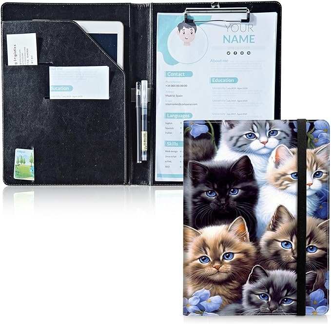 Padfolio Folder with Clipboard,Portfolios Organizer Clipboards with Storage Clipboard Writing Pad PU Leather Conference Document Organizer with Business Card Holder,Cute Cat