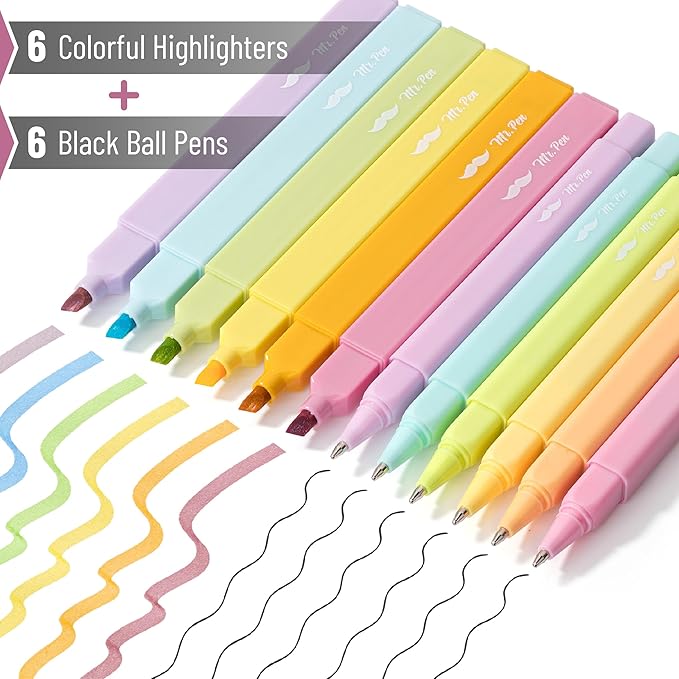 Mr. Pen Aesthetic Highlighter Pens - 12 Pack, Pastel Color No Bleed, Black Ink Bible Pens for Bibles