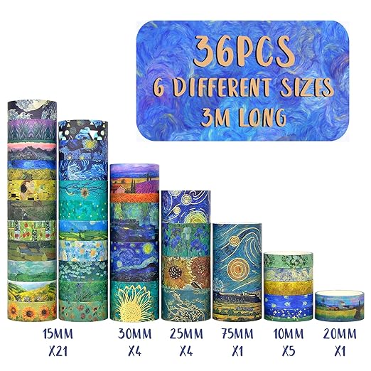 Washi Tape Set, 36 Rolls Van Gogh Vintage Gold Washy Tape, Wide Decorative Tape for Journaling, Scrapbooking Supplies,Vision Board Supplies, 6 Sizes Craft Watercolor Tape