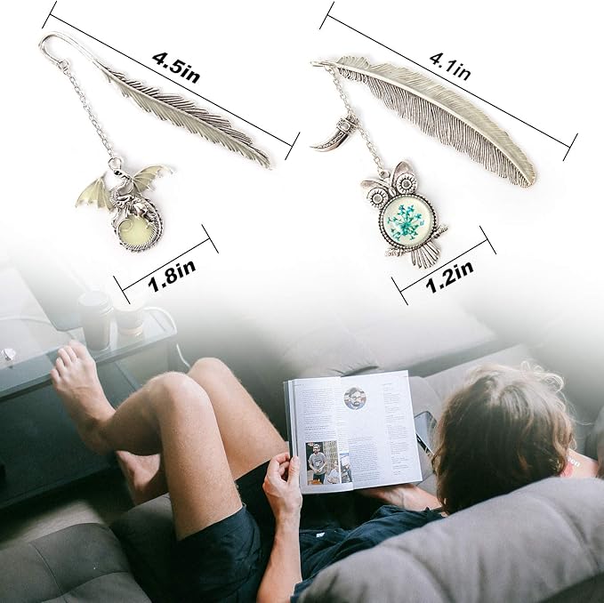 Vintage Feather Dragon Metal Bookmark, Unique Glow in The Dark Bookmark Dragon Gift Fantasy Bookmark Gifts Cool Bookmarks for Women Men, Book Reading Lovers (Antique Silver Dragon)