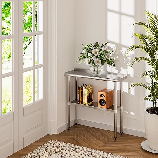 Stainless Steel Table 14 x 36 Inches Metal Prep Table with Backsplash & Adjustable Undershelf for Commercial Kitchen, Outdoor, Restaurant, Hotel & Garage