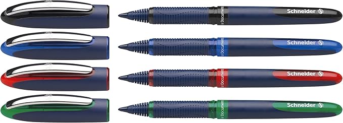 Schneider One Business Rollerball Pen, 0.6 mm Ultra-Smooth Tip, Blue Barrel, Four-Pack, One Each of: Black, Red, Blue, Green (183094)