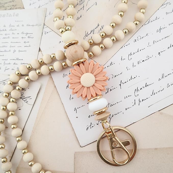 Wooden Teacher Lanyards for Id Badge Cute Flower Wood and Gold Beaded Lanyards for Women for Nurse Badge