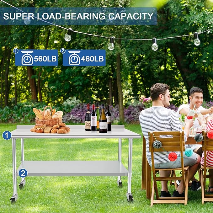 HARDURA Stainless Steel Table 24 x 72 Inches with Wheels Casters NSF Heavy Duty Commercial Prep Table with 2” Backsplash and Adjustable Undershelf for Restaurant Kitchen Home and Hotel