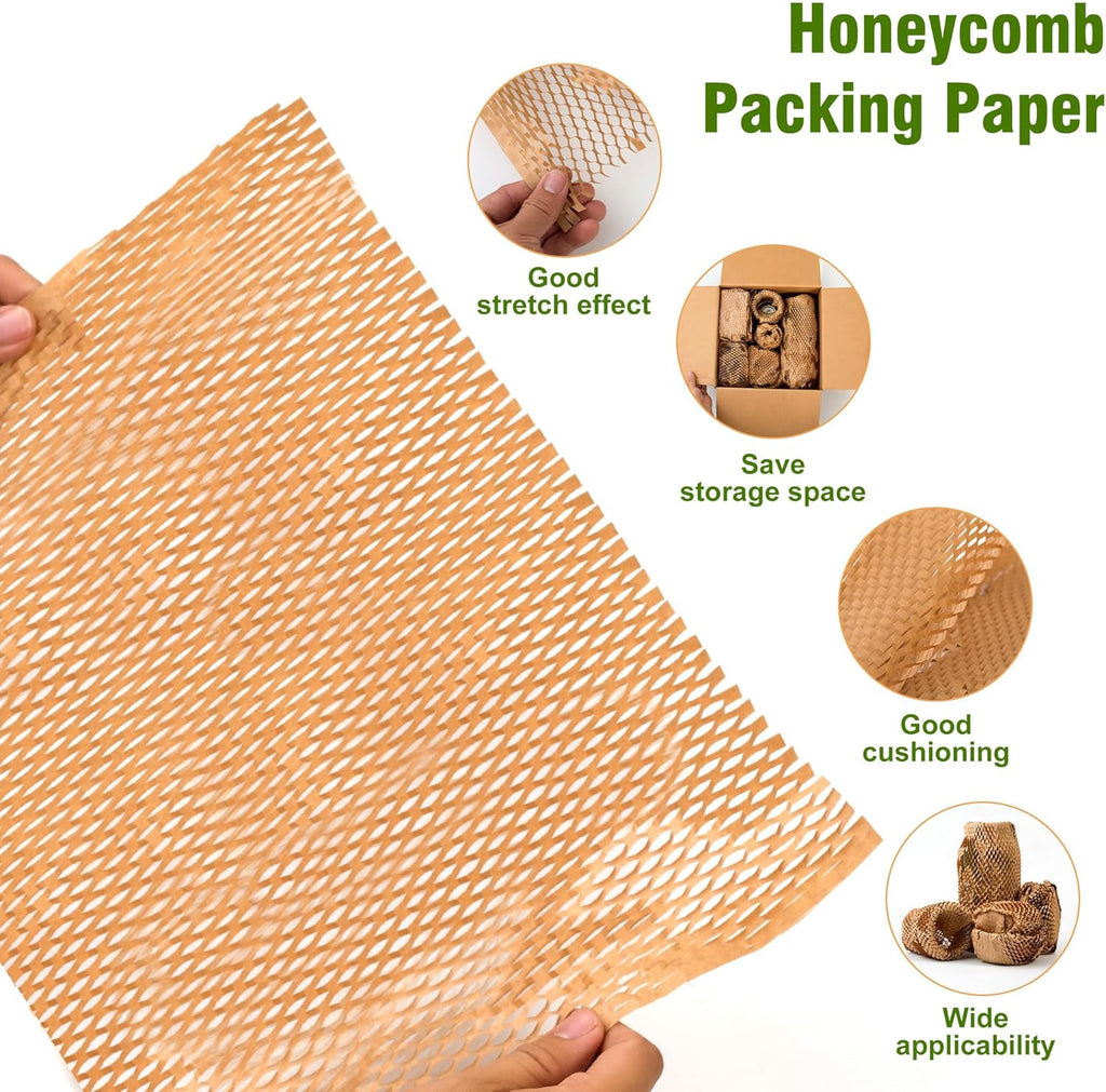 Honeycomb Packing Paper 12" Width X 400 FT for Moving Glass Dishes Recyclable Wrapping Paper Bubble Wrap Packing Material for Shipping Fragile Items Shipping Filler with 20 Fragile Stickers