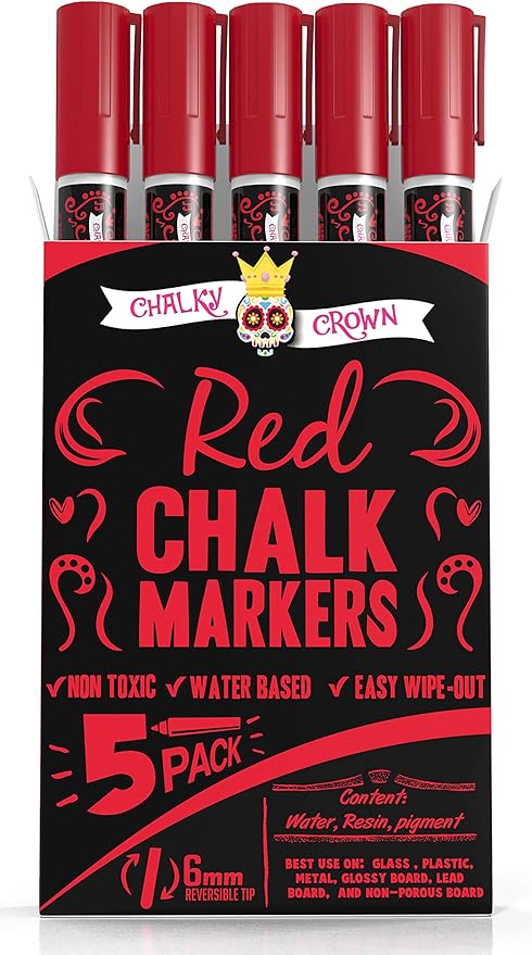 CHALKY CROWN Liquid Chalk Marker Pen - Dry Erase Marker - Chalk Markers for Chalkboard Signs, Windows, Blackboard, Glass - 6mm Reversible Tip (Red, 5 Pack)
