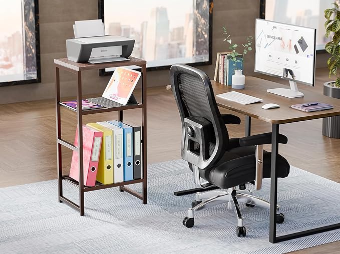 Printer Stand Holder 3 Tier - Heavy Duty Metal Shelving Unit for Under Desk Printer Storage Office Organizer, Industrial Printer Side Table with Wood Desktop for Scanner Fax Machine