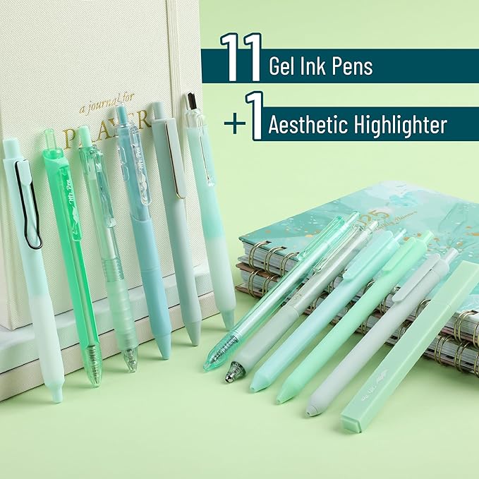 Mr. Pen- Gel Ink Pen Set, 12 pcs, Pastel Green Barrel, Black Ink Gel Pens Fine Point 0.5mm, One Highlighter, Gel Ink Pens, Cute Pens for Women, Aesthetic Pens for Journaling, Fine Tip Pens