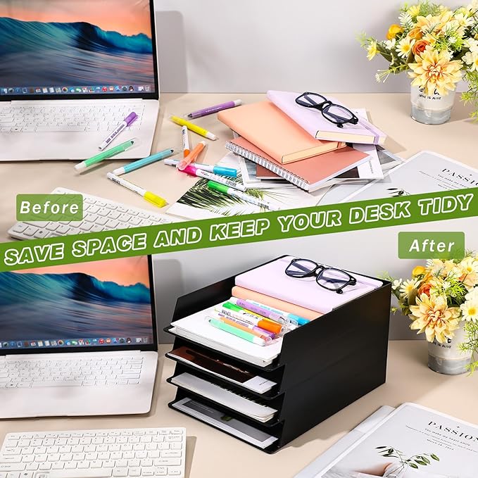 Wenqik 20 Pcs Stackable Paper Trays Rectangular Plastic Desk Tray Holder Desktop Document File Paper Organizer Plastic Storage Letter Tray for Office Classroom, Black