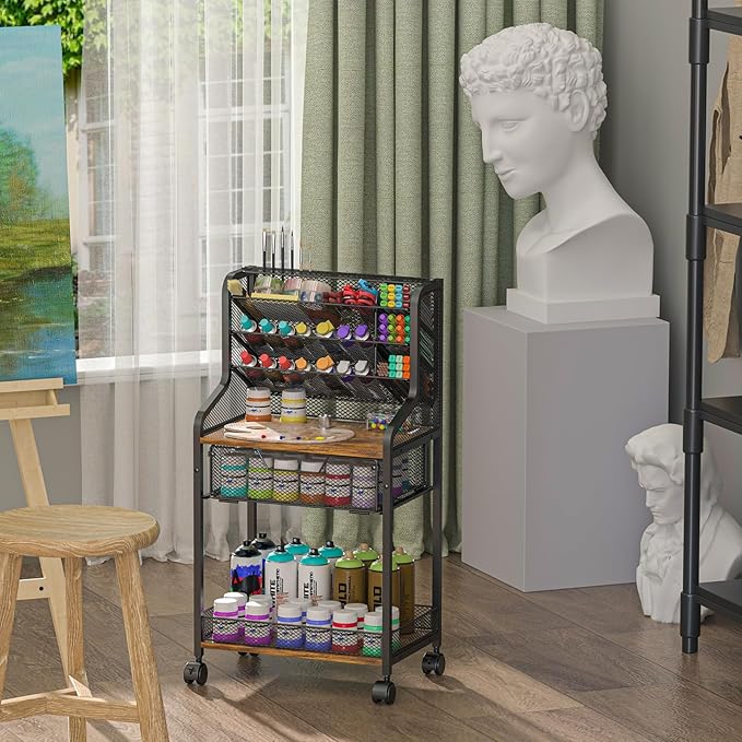 Small Rolling Utility Cart with Drawer, Metal Craft Storage Cart with Lockable Wheels, Versatile Art Cart with 6 Tiers & Removable Dividers for Drawing Room, Store Paints & Artifacts (Patent Pending)