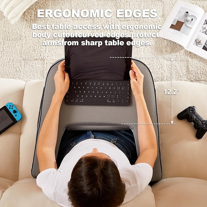 Lap Desk Pillow for Bed, Soft Arm Rest Pillow, Reading Lap Pillow, Memory Foam Reading Pillow, Laptop Lap Desk for arms for Reading, Working in Bed Couch(Grey)