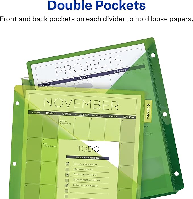 Avery Dividers for 3 Ring Binders, 8-Tab Sets, Two-Pocket Plastic Binder Dividers with Tabs, Multicolor, 24 Sets (11907)